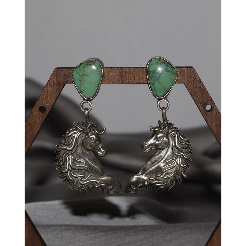 Vintage Navajo Turquoise Sterling Silver Horse Earrings 14.1G / 1.9in